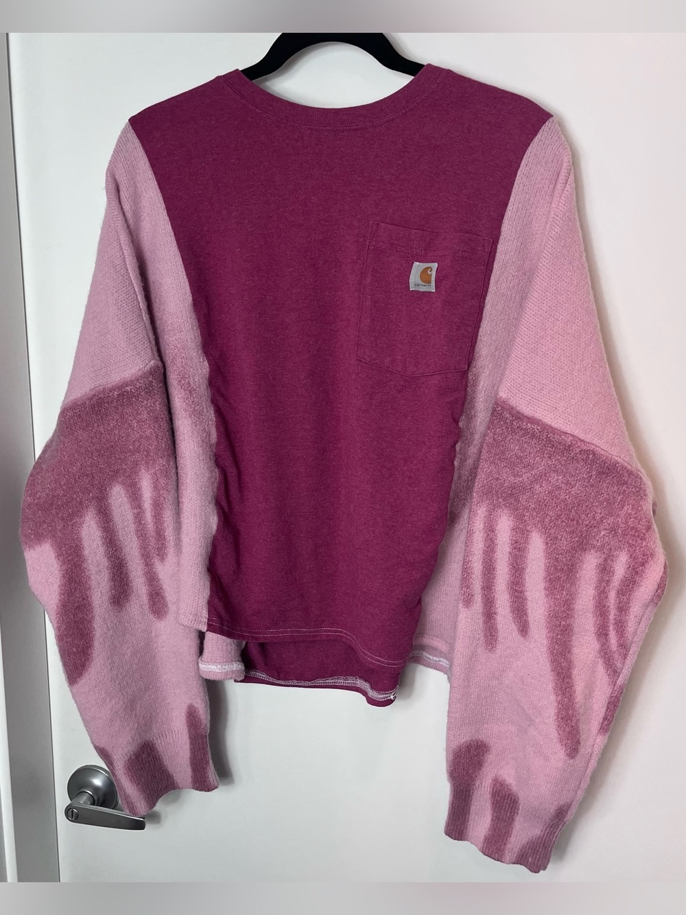 Carhartt Upcycled Two-Tone Maroon Pink Crewneck Sweater Cozy Art To Wear Sleeves